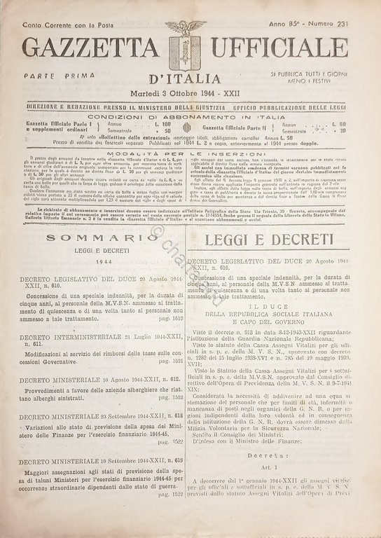 RSI Gazzetta Ufficiale d'Italia N. 231 - 1944