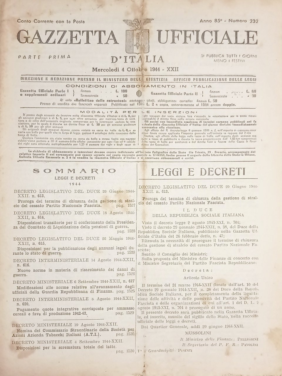 RSI Gazzetta Ufficiale d'Italia N. 232 - 1944