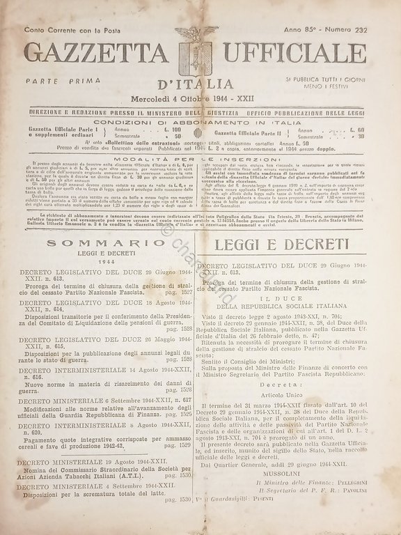 RSI Gazzetta Ufficiale d'Italia N. 232 - 1944