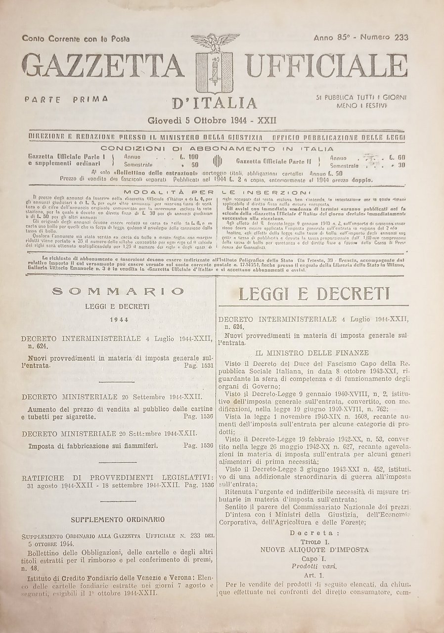 RSI Gazzetta Ufficiale d'Italia N. 233 - 1944