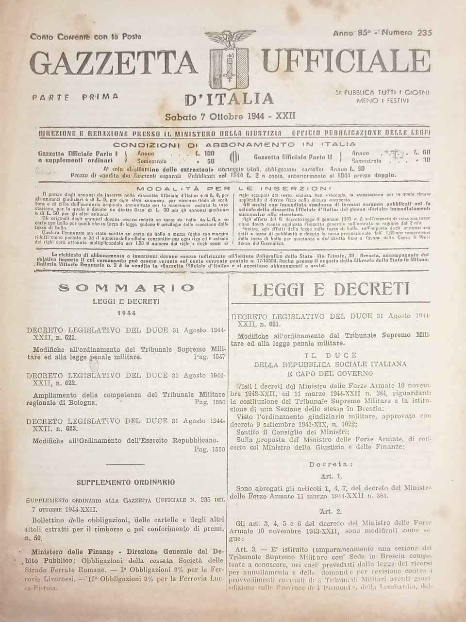 RSI Gazzetta Ufficiale d'Italia N. 235 - 1944