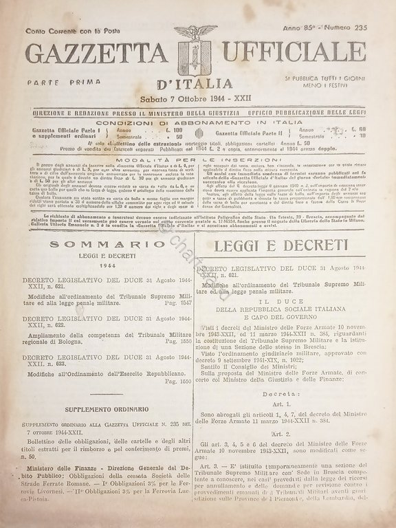 RSI Gazzetta Ufficiale d'Italia N. 235 - 1944
