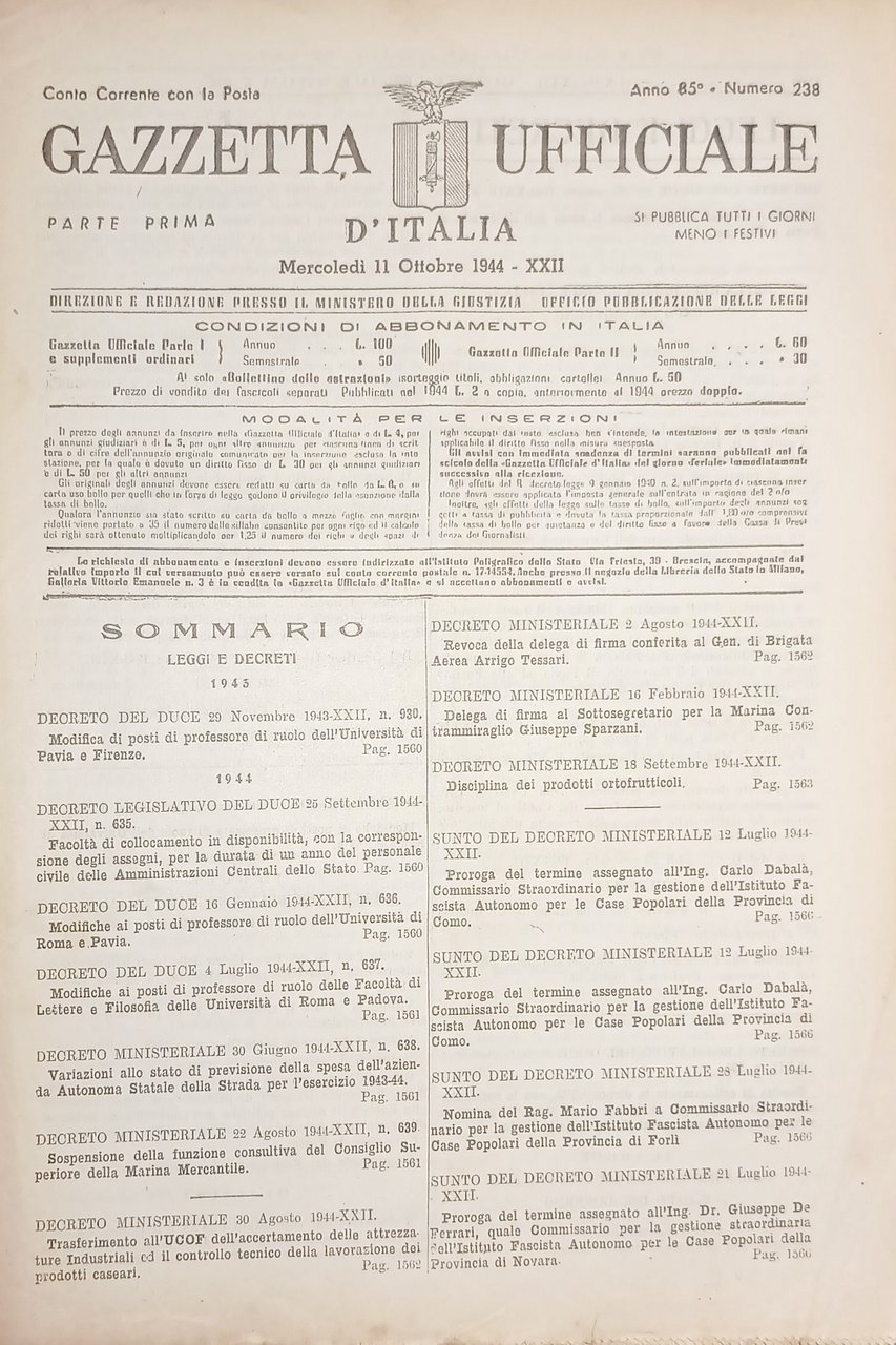 RSI Gazzetta Ufficiale d'Italia N. 238 - 1944