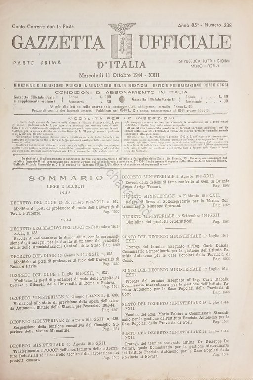 RSI Gazzetta Ufficiale d'Italia N. 238 - 1944