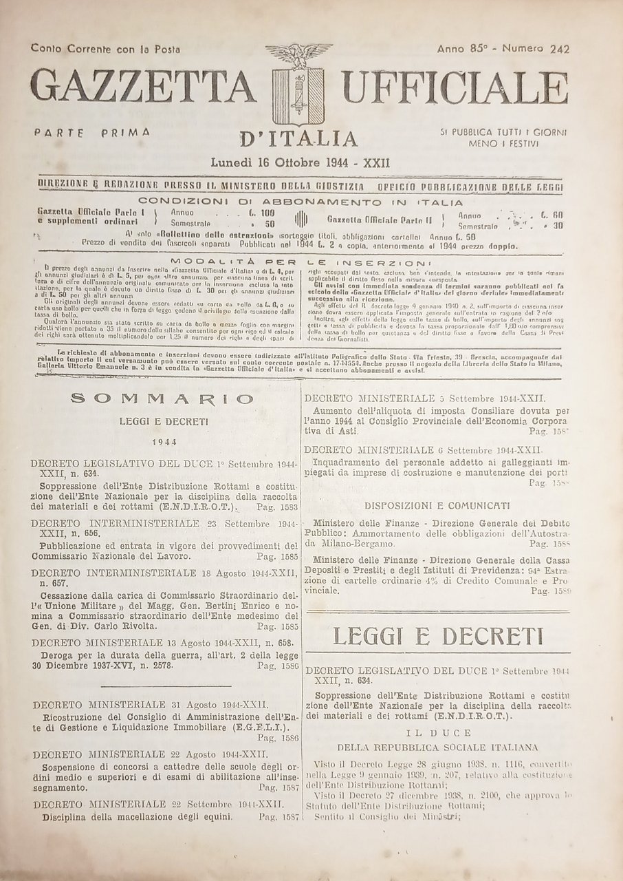 RSI Gazzetta Ufficiale d'Italia N. 242 - 1944