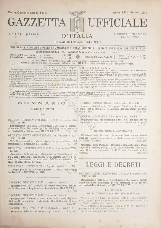 RSI Gazzetta Ufficiale d'Italia N. 242 - 1944