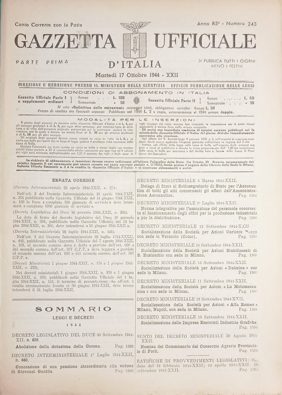 RSI Gazzetta Ufficiale d'Italia N. 243 - 1944