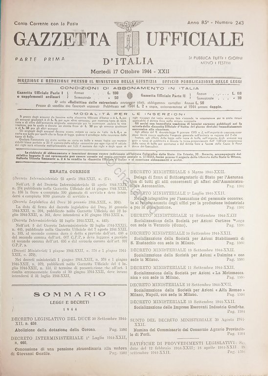 RSI Gazzetta Ufficiale d'Italia N. 243 - 1944