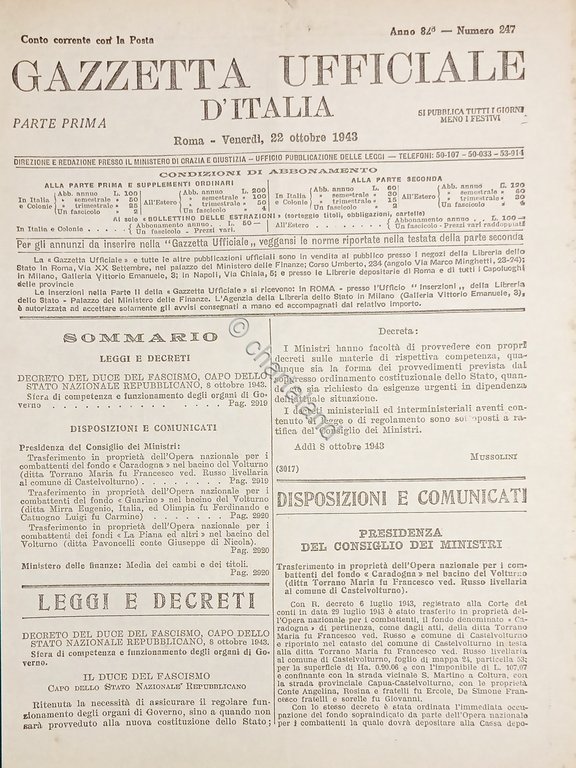 RSI Gazzetta Ufficiale d'Italia N. 247 - 1943