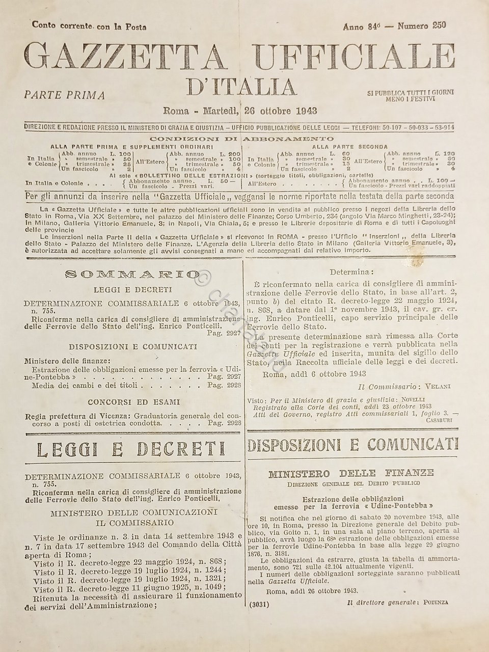 RSI Gazzetta Ufficiale d'Italia N. 250 - 1943