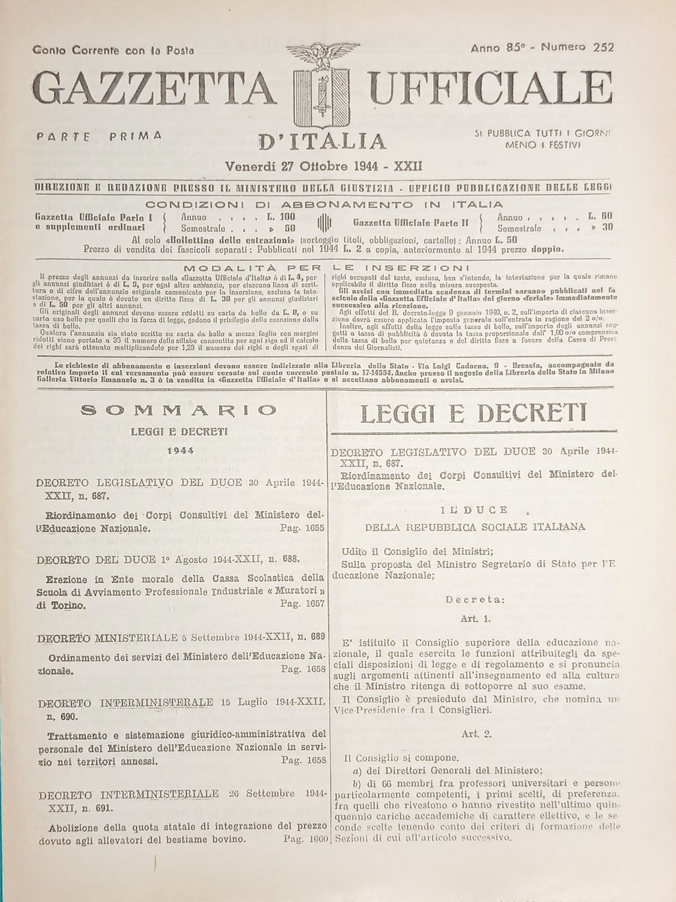 RSI Gazzetta Ufficiale d'Italia N. 252 - 1944