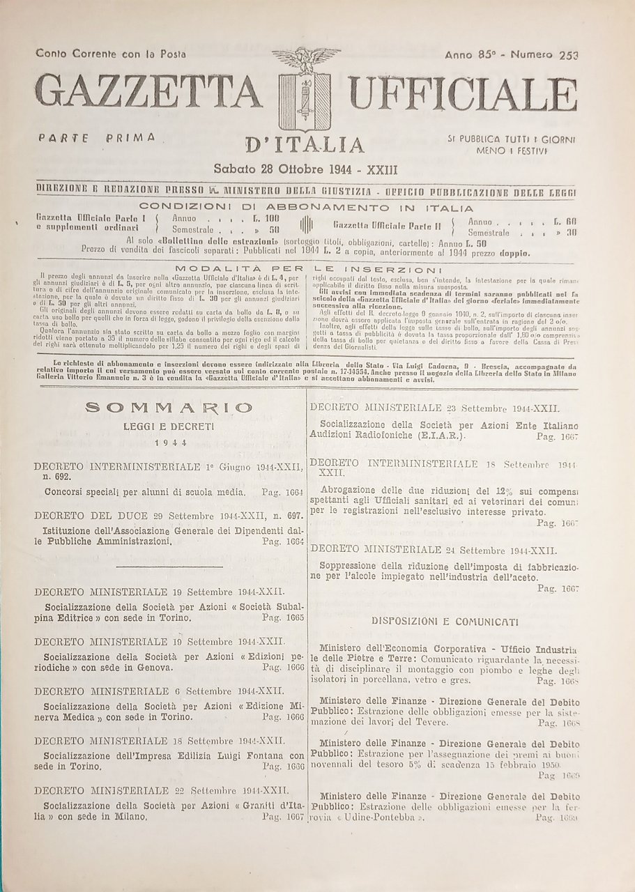 RSI Gazzetta Ufficiale d'Italia N. 253 - 1944