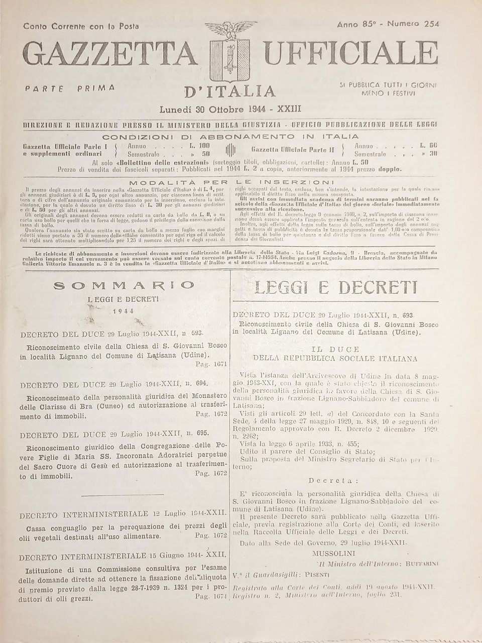 RSI Gazzetta Ufficiale d'Italia N. 254 - 1944
