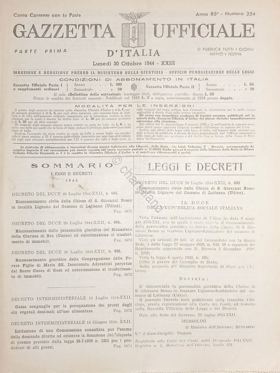 RSI Gazzetta Ufficiale d'Italia N. 254 - 1944