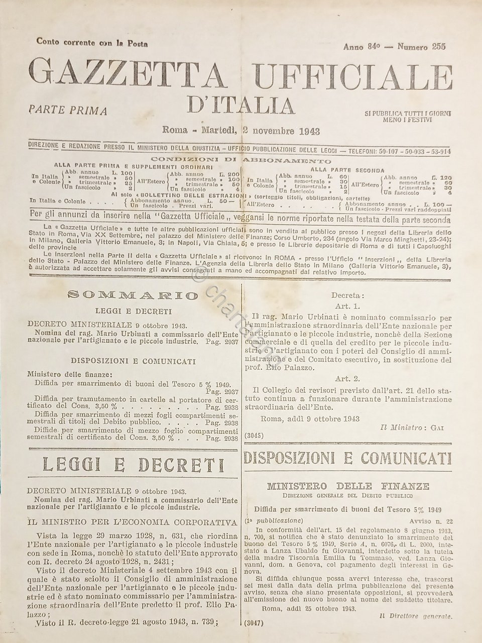 RSI Gazzetta Ufficiale d'Italia N. 255 - 1943
