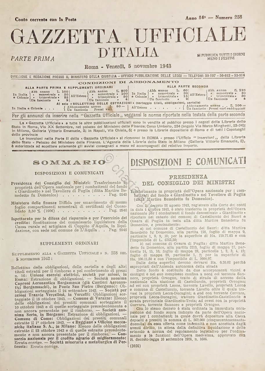 RSI Gazzetta Ufficiale d'Italia N. 258 - 1943