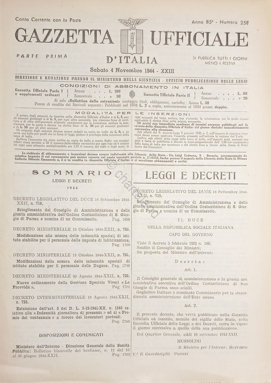 RSI Gazzetta Ufficiale d'Italia N. 258 - 1944