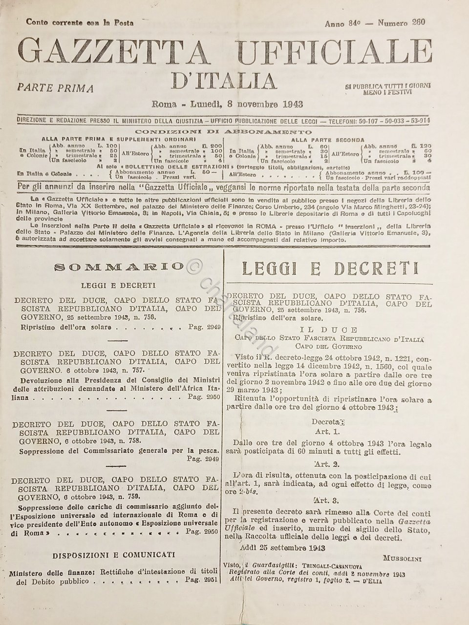 RSI Gazzetta Ufficiale d'Italia N. 260 - 1943