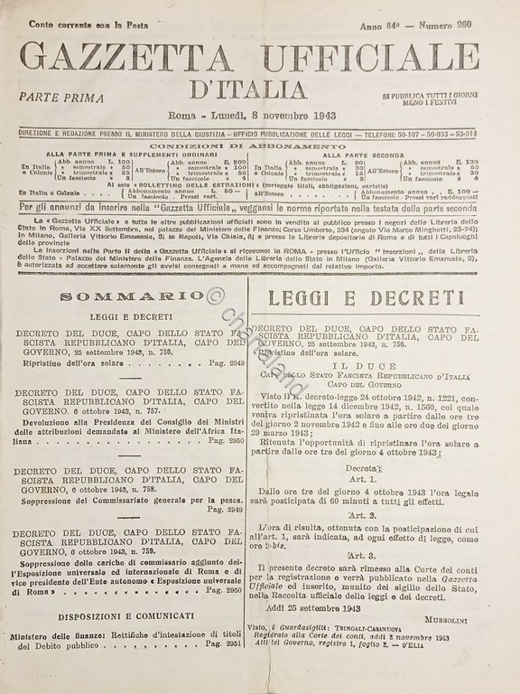 RSI Gazzetta Ufficiale d'Italia N. 260 - 1943