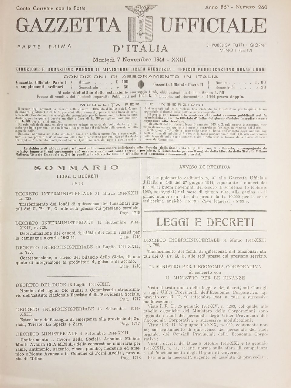 RSI Gazzetta Ufficiale d'Italia N. 260 - 1944