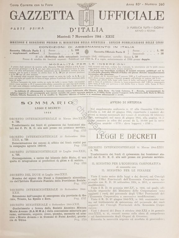 RSI Gazzetta Ufficiale d'Italia N. 260 - 1944