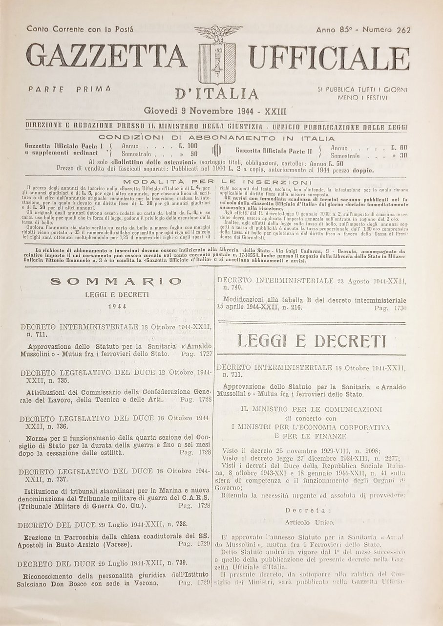 RSI Gazzetta Ufficiale d'Italia N. 262 - 1944