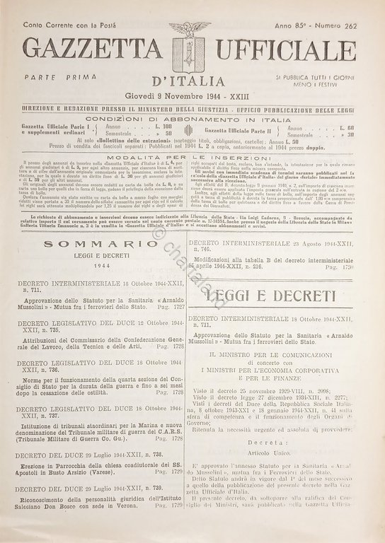 RSI Gazzetta Ufficiale d'Italia N. 262 - 1944