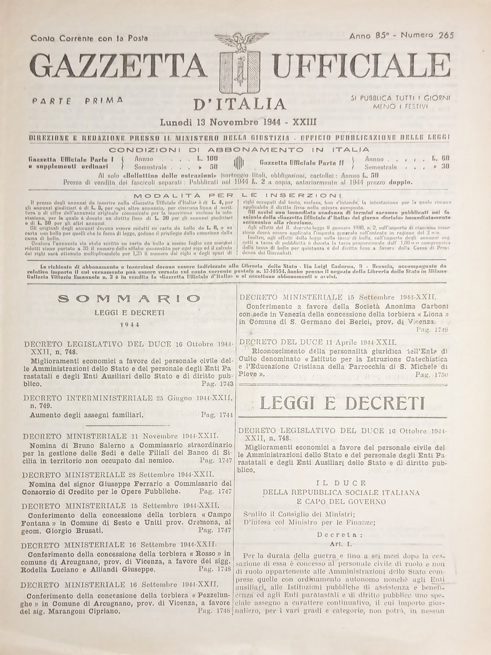 RSI Gazzetta Ufficiale d'Italia N. 265 - 1944
