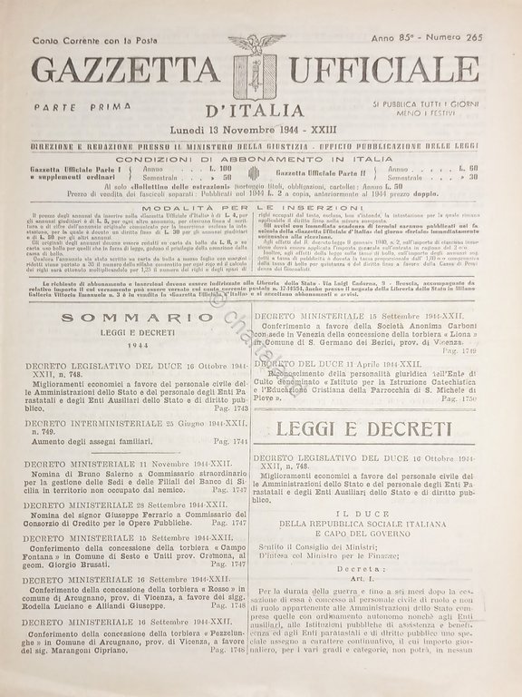 RSI Gazzetta Ufficiale d'Italia N. 265 - 1944