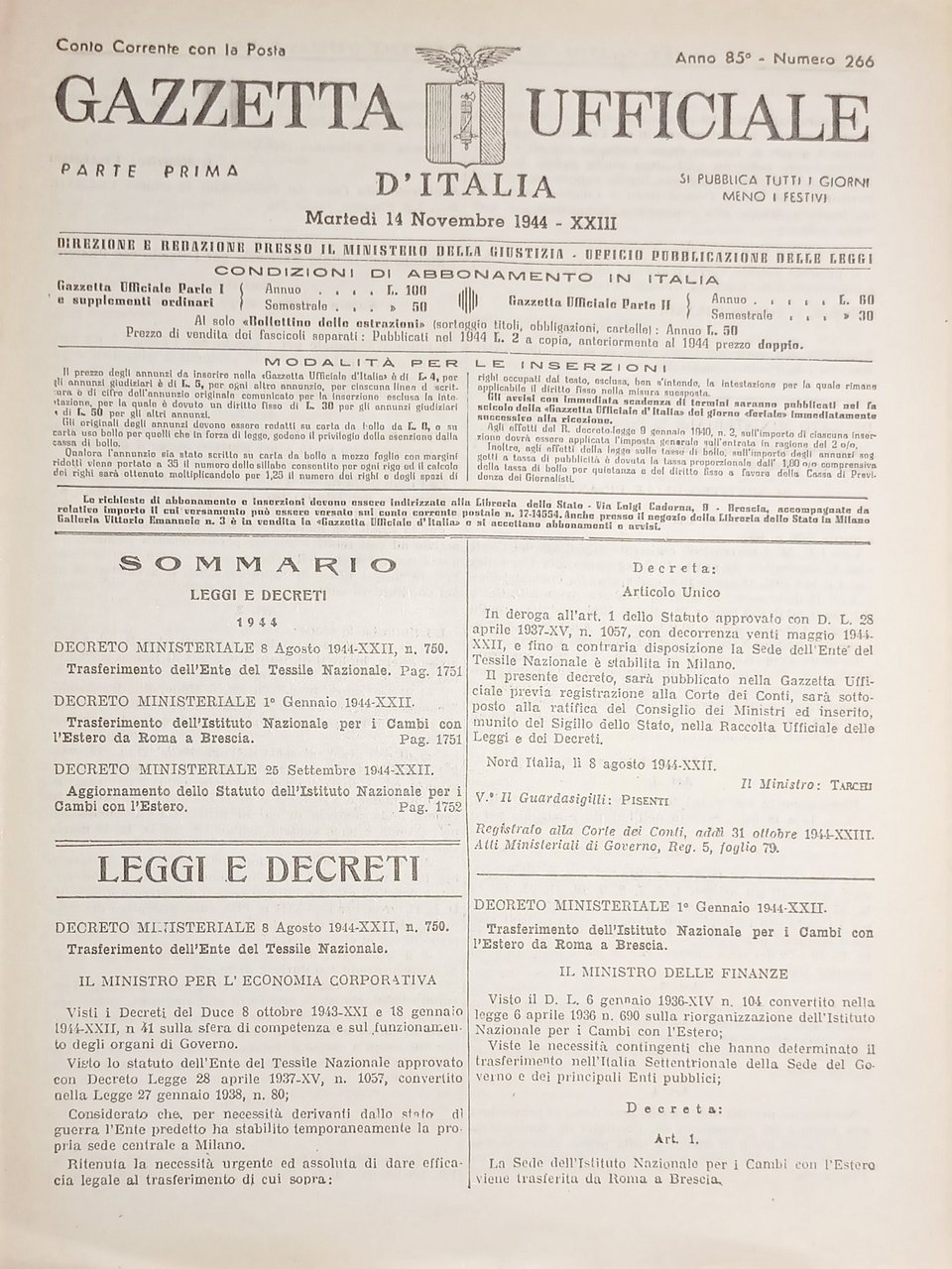 RSI Gazzetta Ufficiale d'Italia N. 266 - 1944
