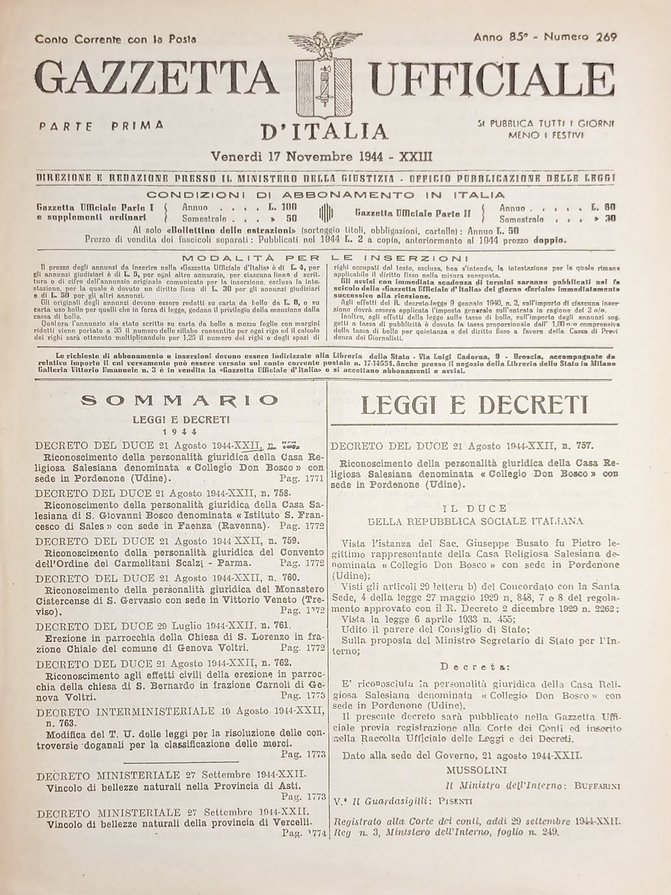 RSI Gazzetta Ufficiale d'Italia N. 269 - 1944