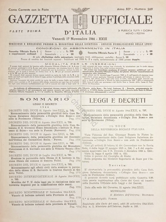 RSI Gazzetta Ufficiale d'Italia N. 269 - 1944