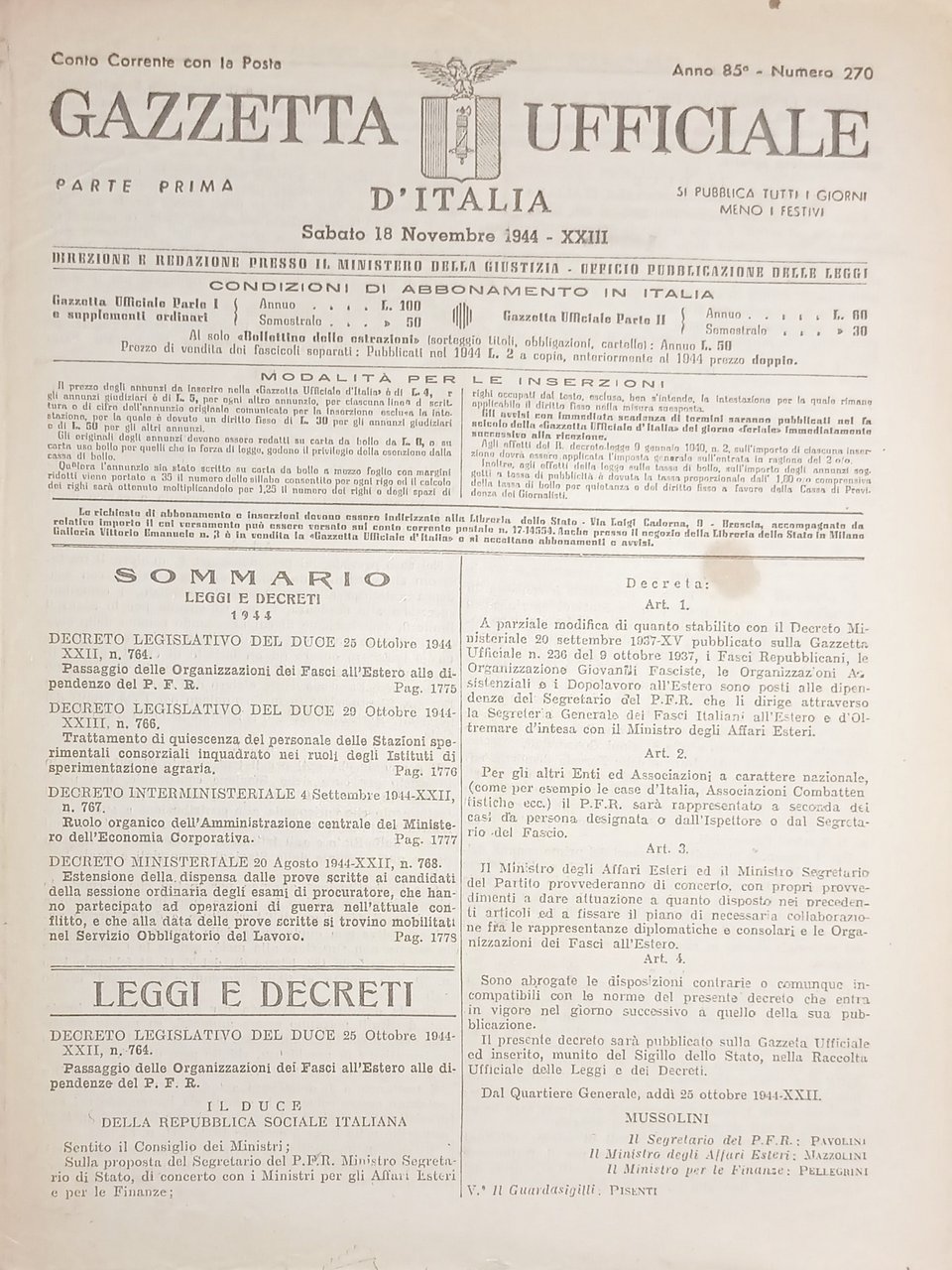 RSI Gazzetta Ufficiale d'Italia N. 270 - 1944