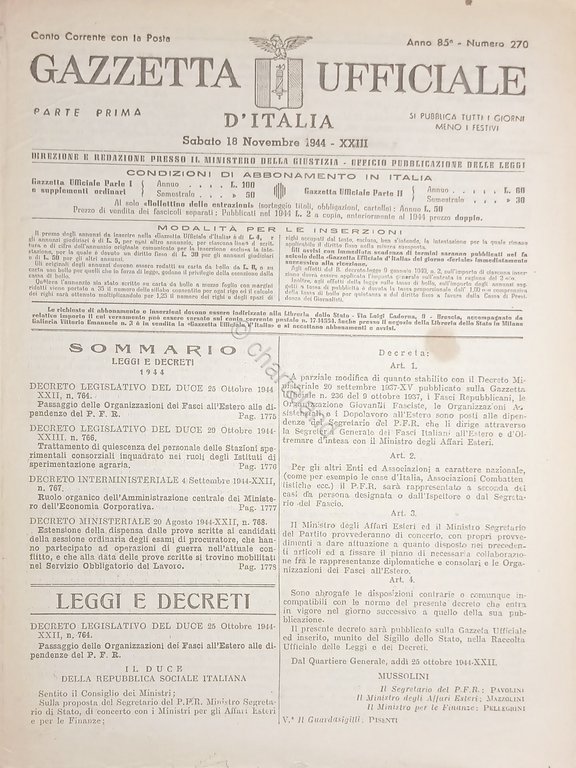 RSI Gazzetta Ufficiale d'Italia N. 270 - 1944