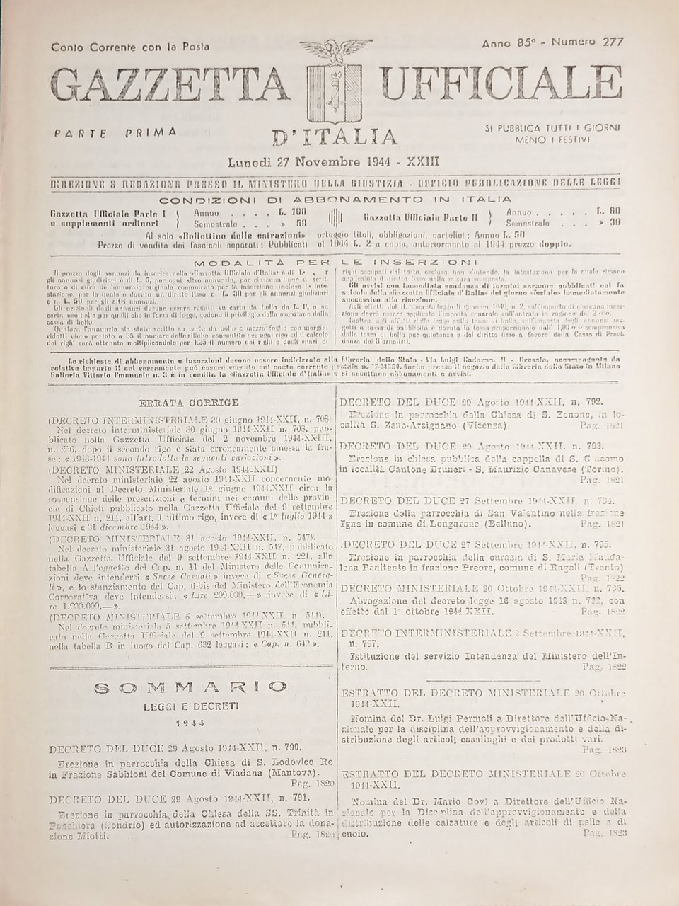 RSI Gazzetta Ufficiale d'Italia N. 277 - 1944