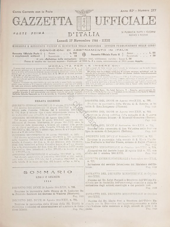 RSI Gazzetta Ufficiale d'Italia N. 277 - 1944