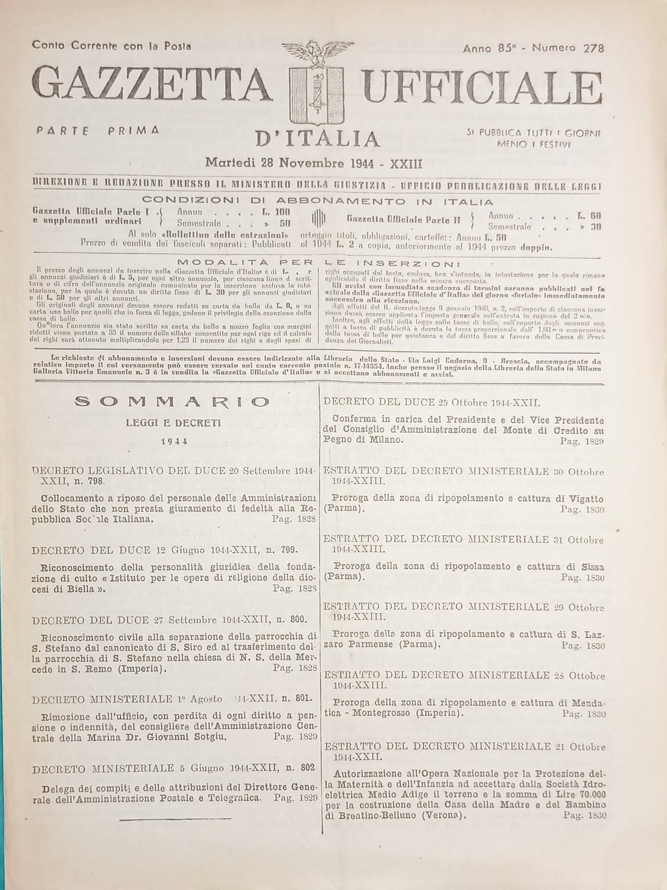 RSI Gazzetta Ufficiale d'Italia N. 278 - 1944