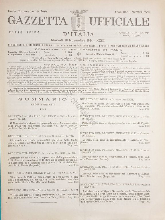 RSI Gazzetta Ufficiale d'Italia N. 278 - 1944
