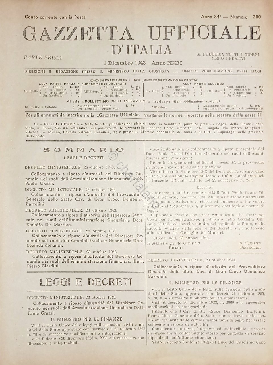 RSI Gazzetta Ufficiale d'Italia N. 280 - 1943