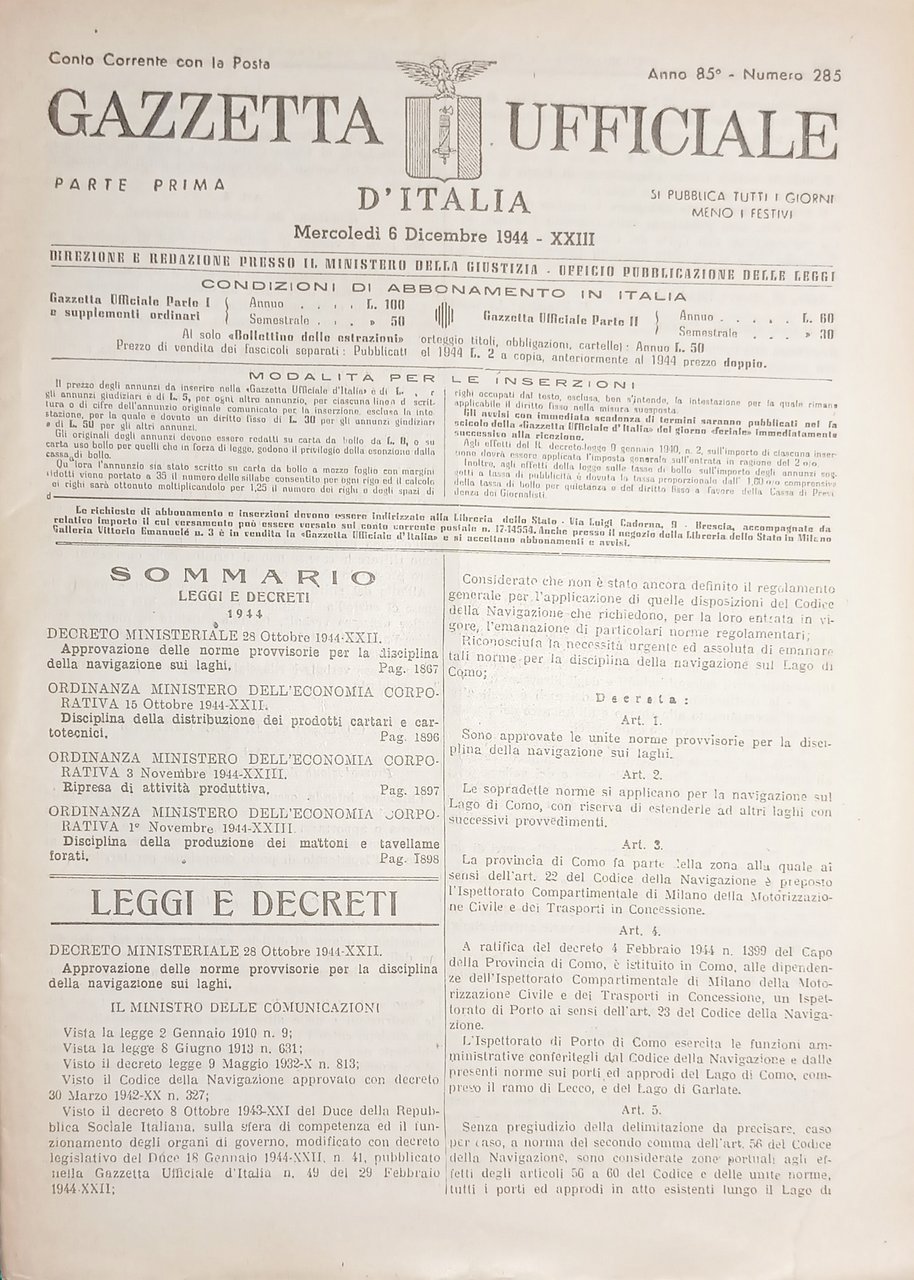 RSI Gazzetta Ufficiale d'Italia N. 285 - 1944