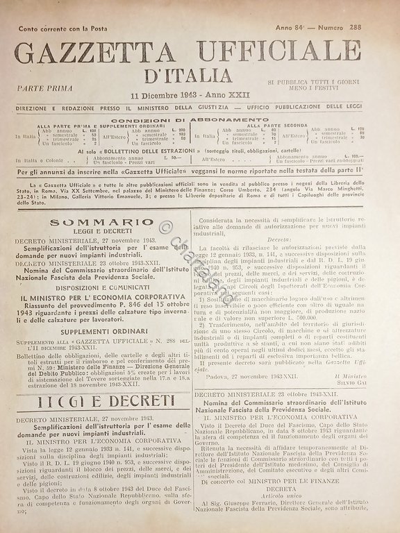 RSI Gazzetta Ufficiale d'Italia N. 288 - 1943