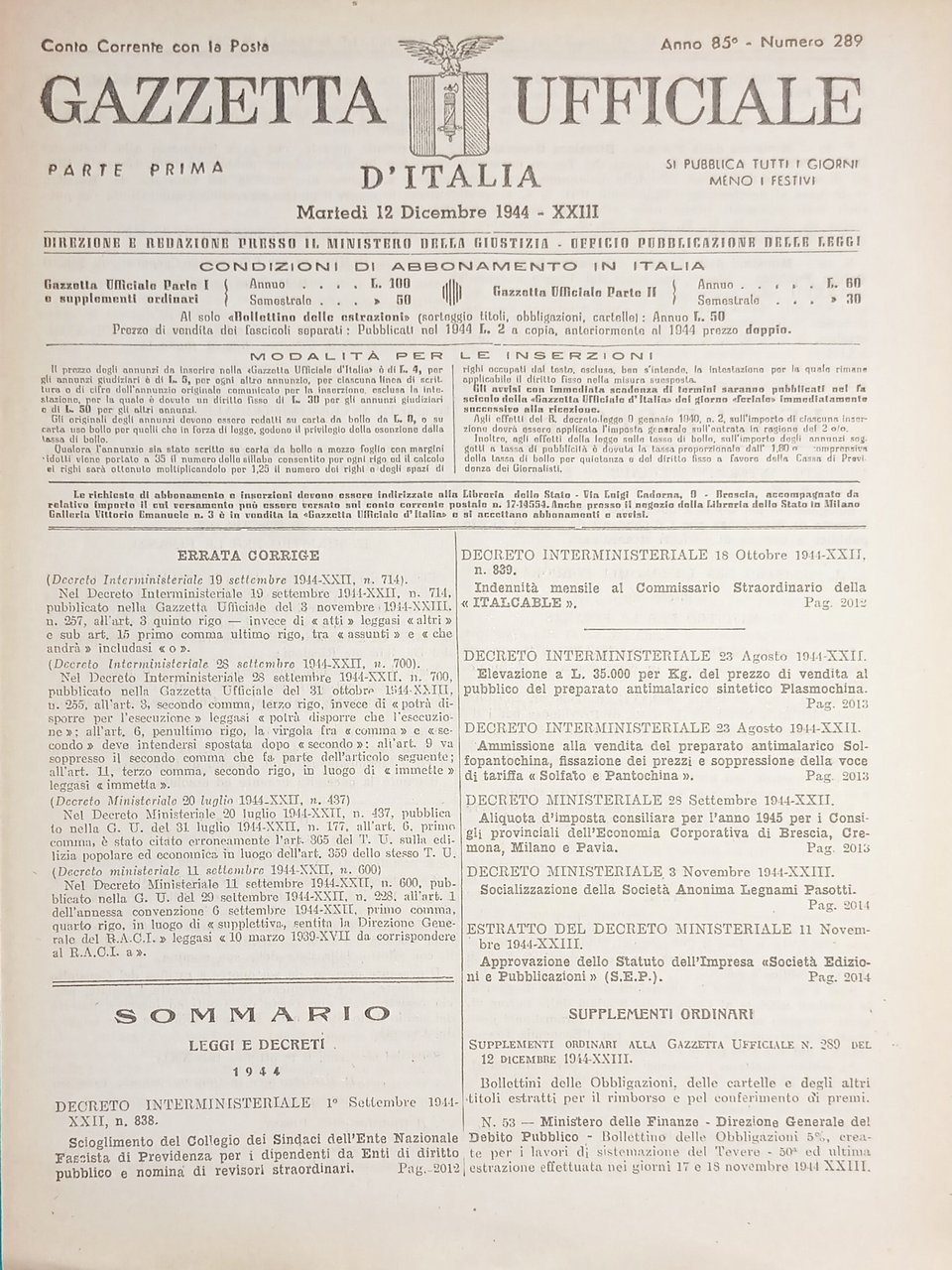 RSI Gazzetta Ufficiale d'Italia N. 289 - 1944