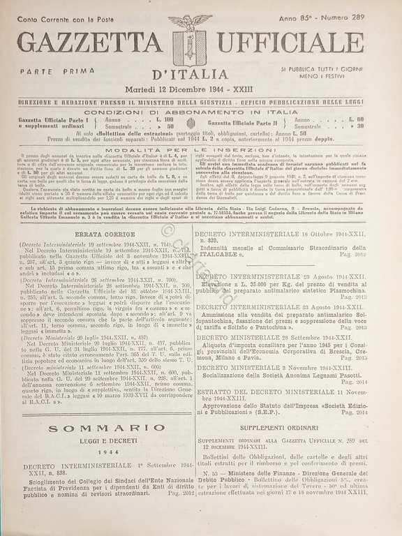 RSI Gazzetta Ufficiale d'Italia N. 289 - 1944