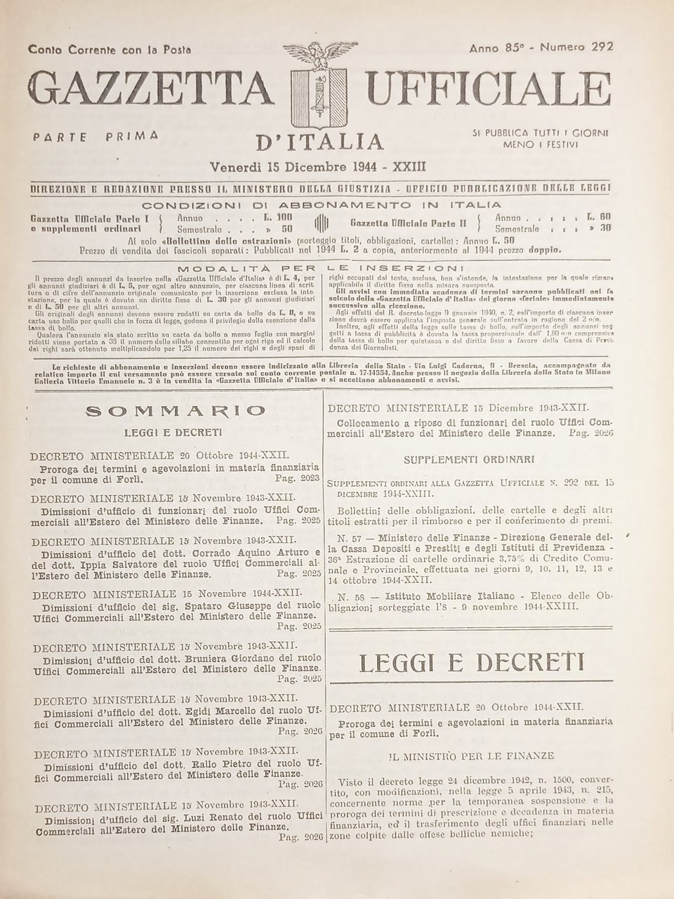 RSI Gazzetta Ufficiale d'Italia N. 292 - 1944