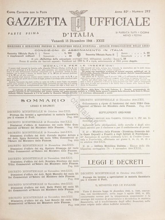 RSI Gazzetta Ufficiale d'Italia N. 292 - 1944