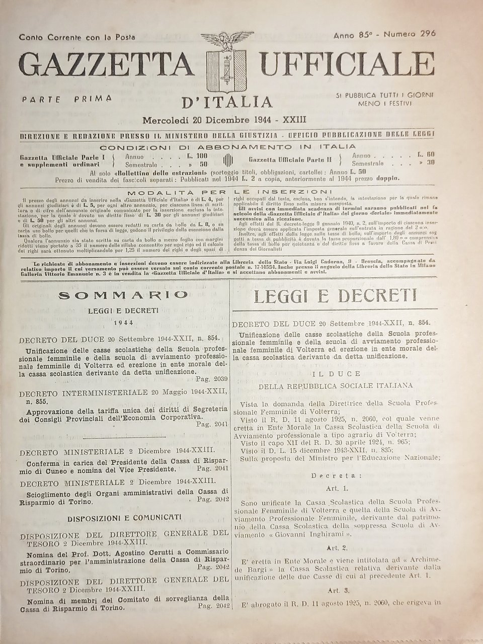 RSI Gazzetta Ufficiale d'Italia N. 296 - 1944