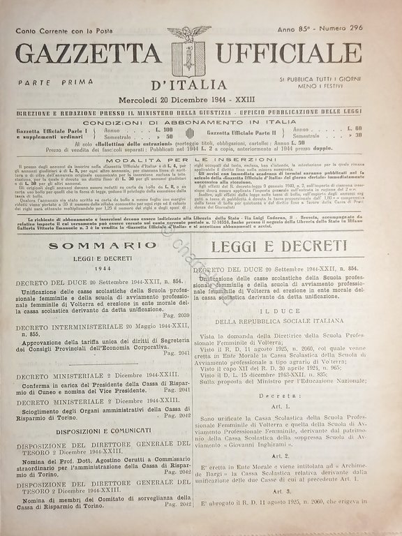RSI Gazzetta Ufficiale d'Italia N. 296 - 1944