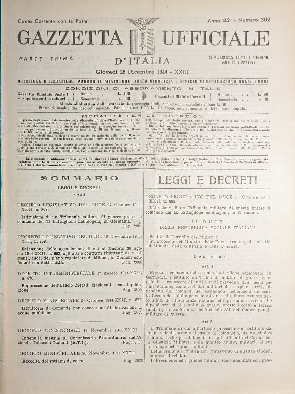 RSI Gazzetta Ufficiale d'Italia N. 302 - 1944
