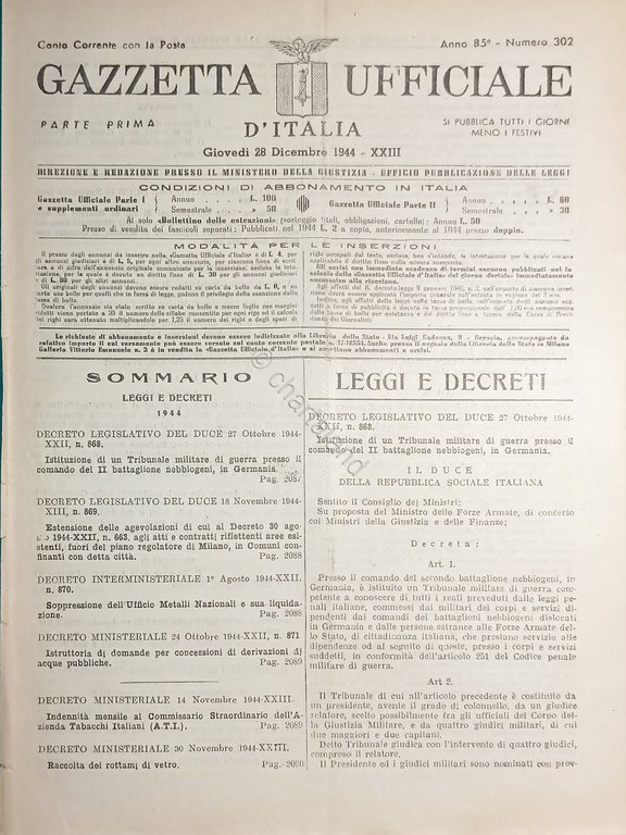 RSI Gazzetta Ufficiale d'Italia N. 302 - 1944