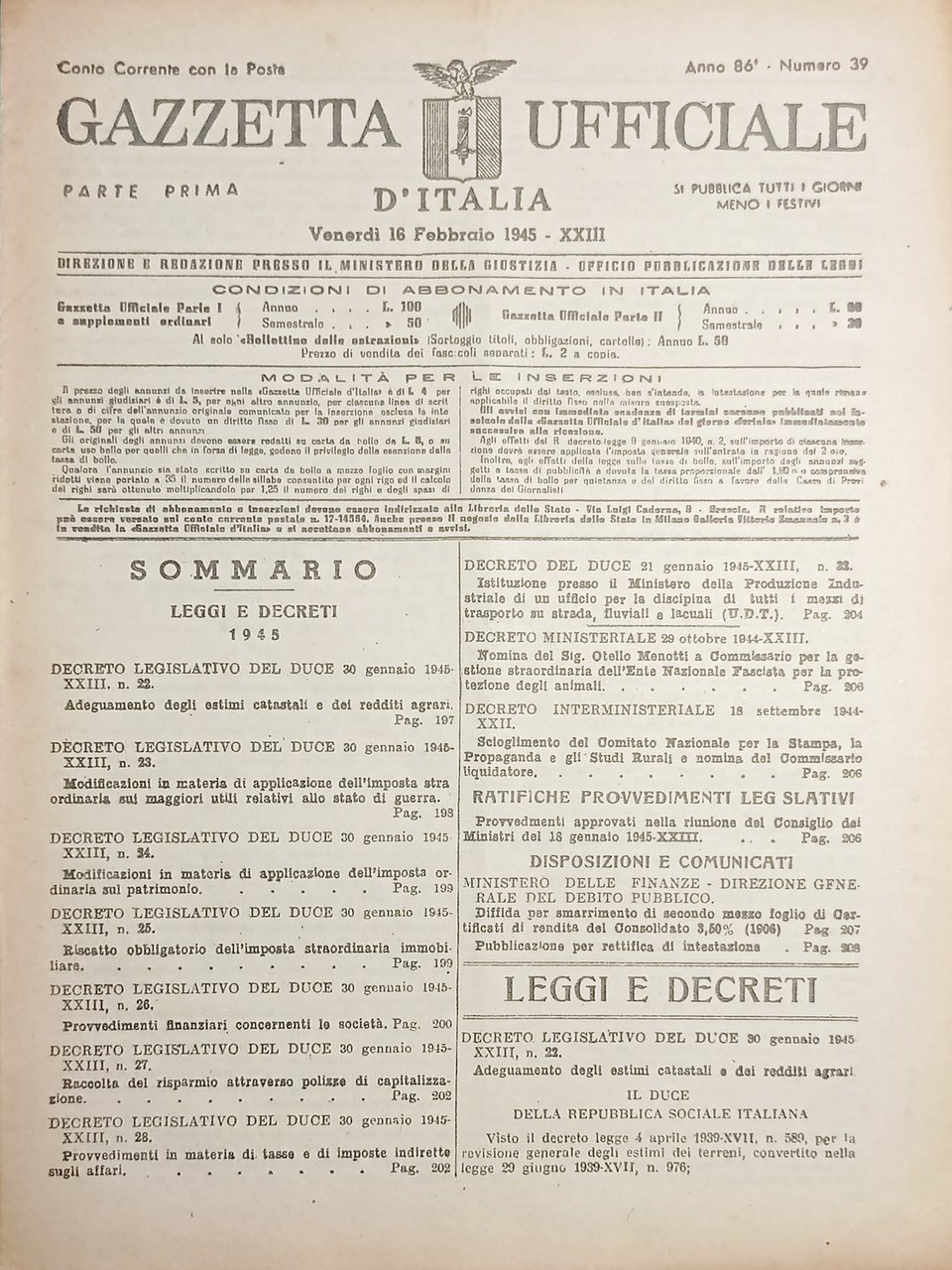 RSI Gazzetta Ufficiale d'Italia N. 39 - 1945 | Immagine principale
